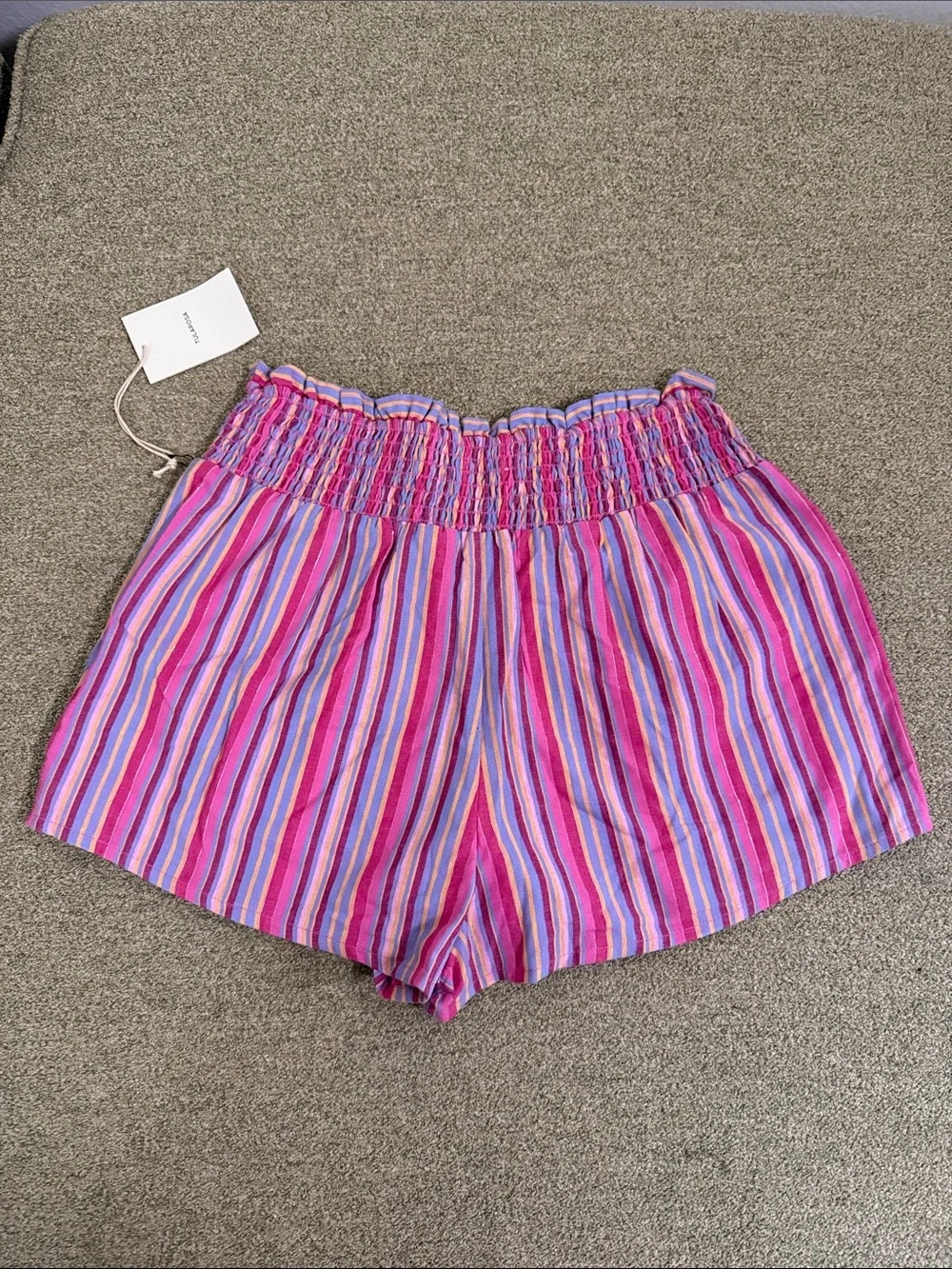 Tularosa Gabriella shorts small Pink Purple Striped High-Waist Smocked